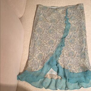 Express Blue and Cream Ruffled Wrap Midi Skirt